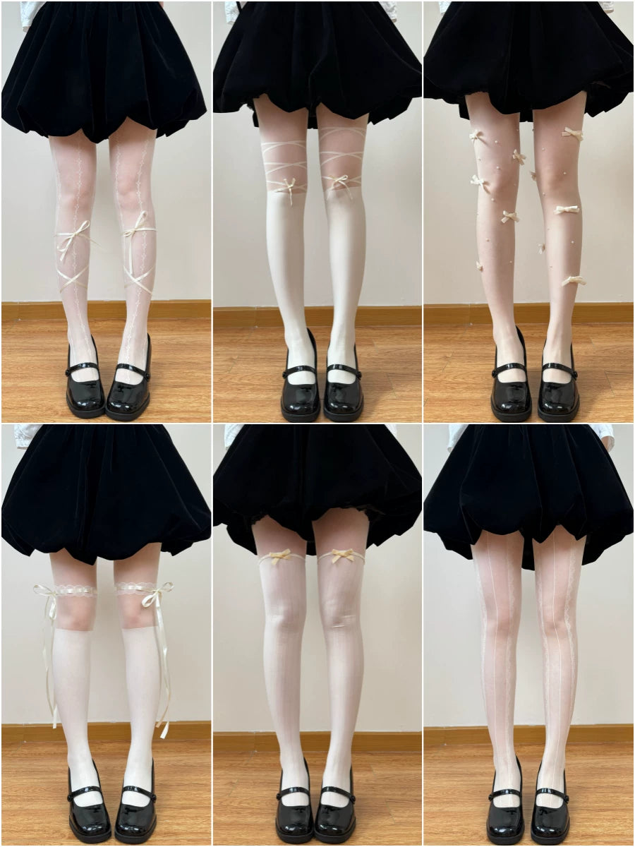 Collage of pale hosiery options with bows and tie straps styled beneath a black skirt.