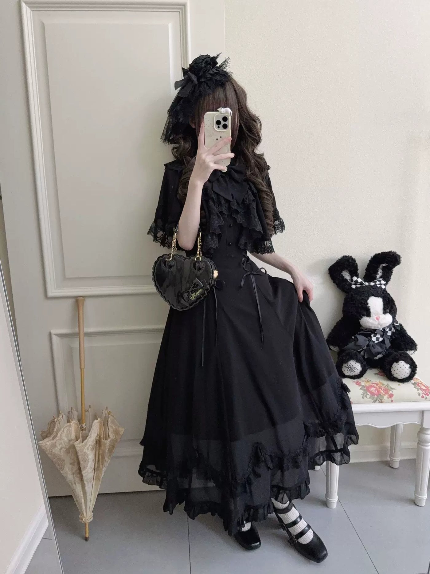 Creamy - Midnight Lace Cape - Black Lolita dress with a lace cape and layered hem