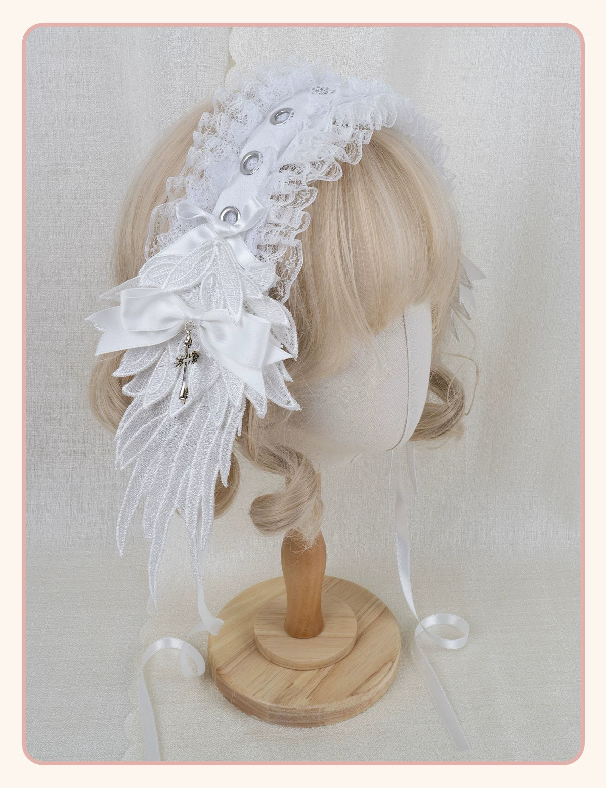 Stardust Rose - Winged Cross - Black-and-White Lace Headband with Wings and Cross Details