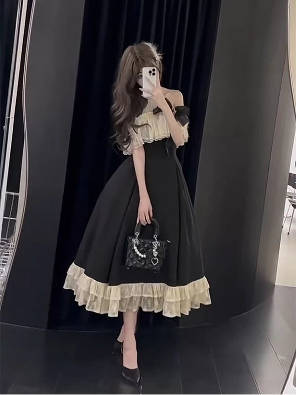 Creamy - Black-and-White Heiress - Black-and-White One-Piece Dress with Ruffled Trim
