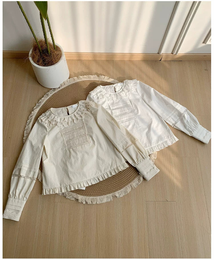 With PUJI - Jennie - Sweet Lolita Cotton Shirt, Ruffled Round Collar