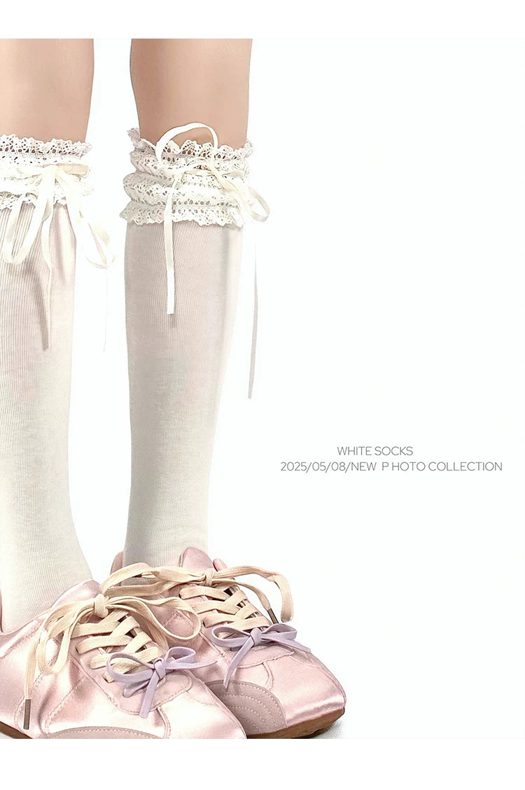 White Socks - Ribbon Ballet - Lace-Trim Slouch Socks with Ribbon Ties