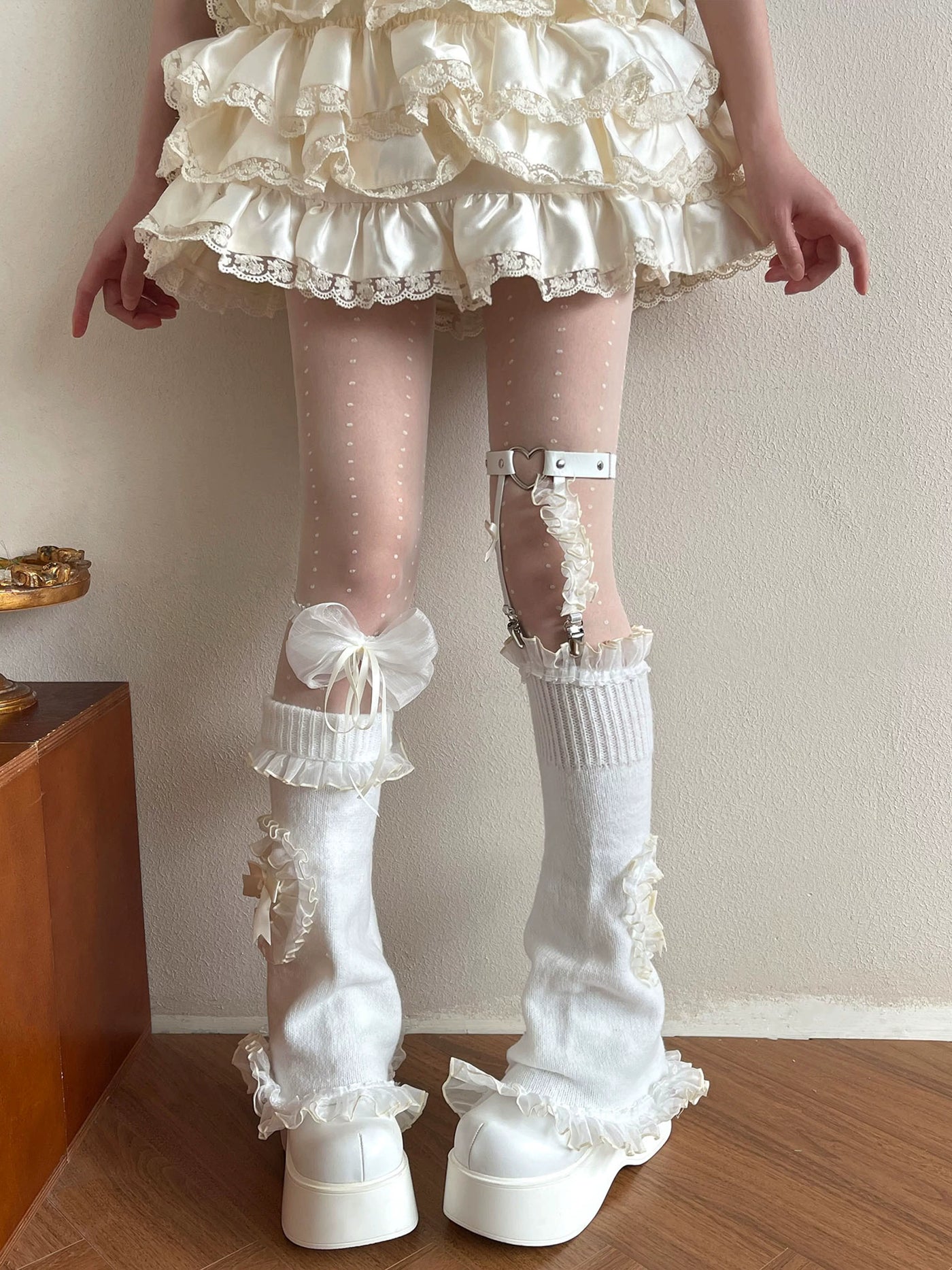 Sock Noble - Cream Ruffle Layers - Dotted Tights, Sock Cover and Bow Leg Ring Options with Ruffled Lace Details