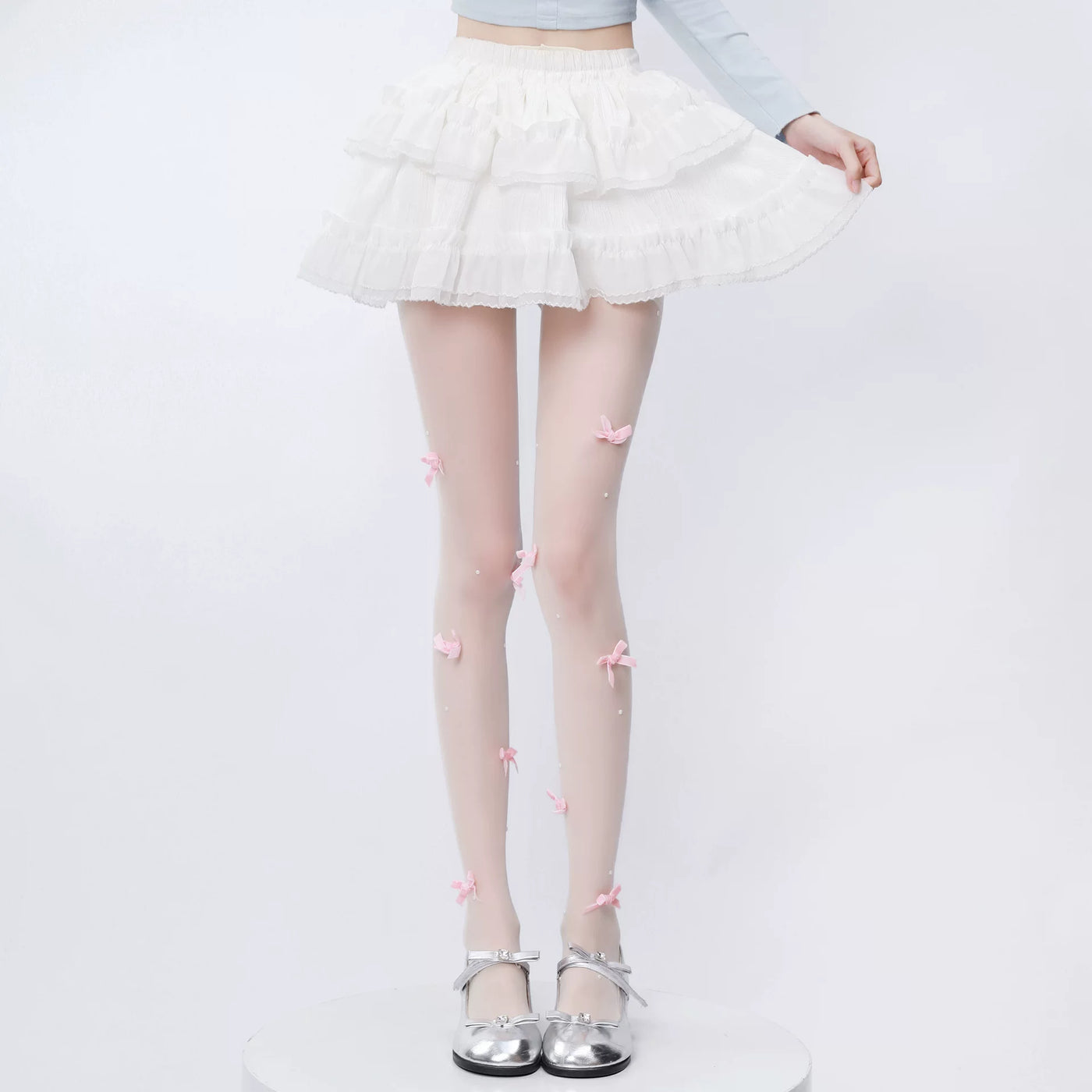 Fantasy Doll - Pearl Bow - Milk-White Pantyhose with Scattered Bows and Pearl Details