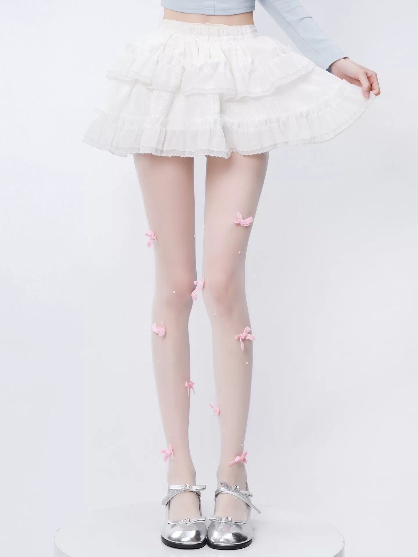 Fantasy Doll - Pearl Bow - Milk-White Pantyhose with Scattered Bows and Pearl Details