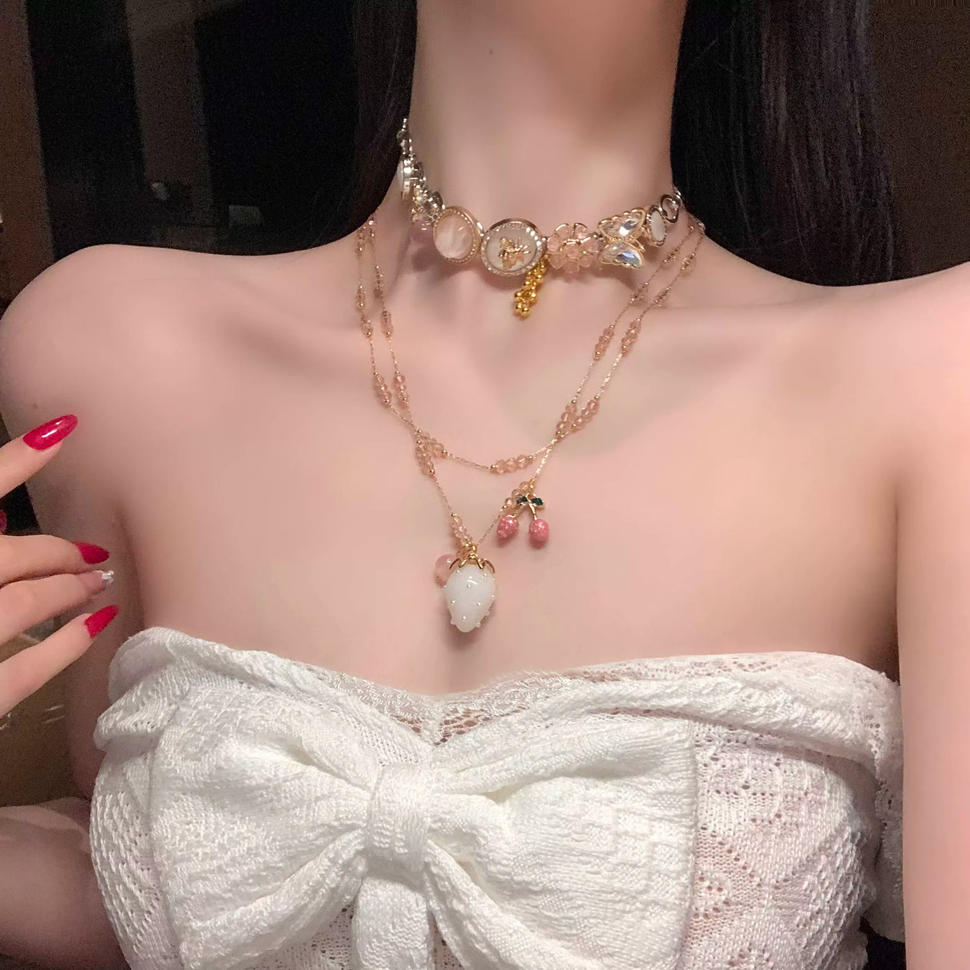 Independent Brand - French Vintage Strawberry Cherry - Layered necklace with a strawberry pendant