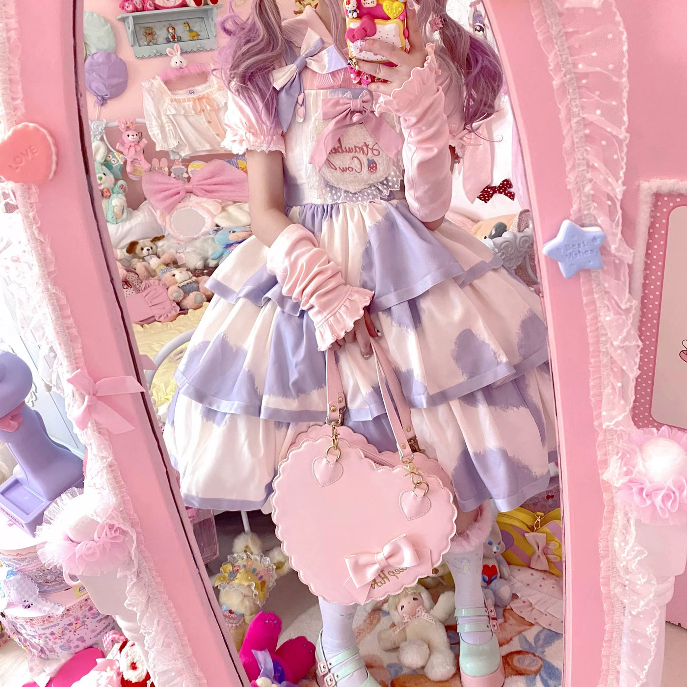 Tata Long Ear - Milk Cake Cow Print - Cow-Print JSK Dress with Three-Section Skirt