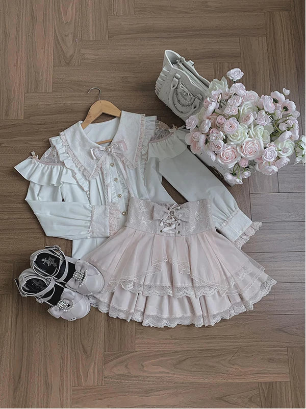 White long-sleeve blouse and pale pink layered skirt Lolita set