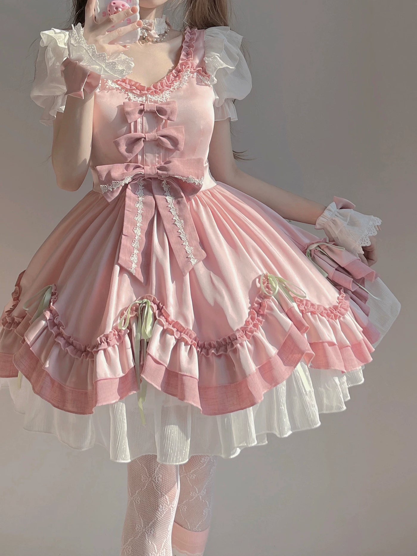 Creamy - Pink Princess - Pink OP dress with white puff sleeves and layered bows