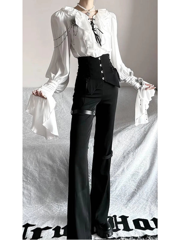 White ruffled blouse and black high-waisted trousers set shown from front and back.