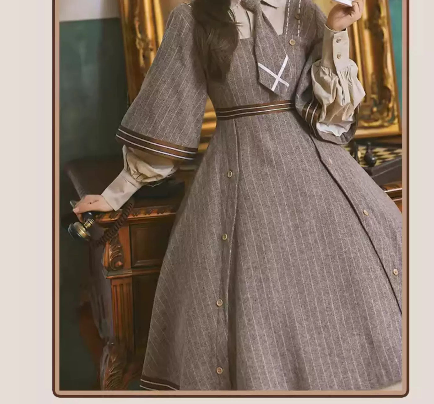 Baozi Pig - Detective Era - One-Piece Dress and Woolen Coat Set with Pinstripes