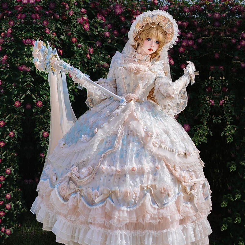 Full length view of Rose Banquet bell-shaped tiered lolita dress