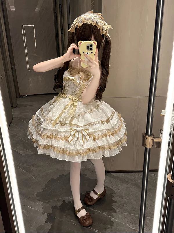 Creamy - Doll Princess - White JSK Suspender Dress with Ruffle Layers and Train