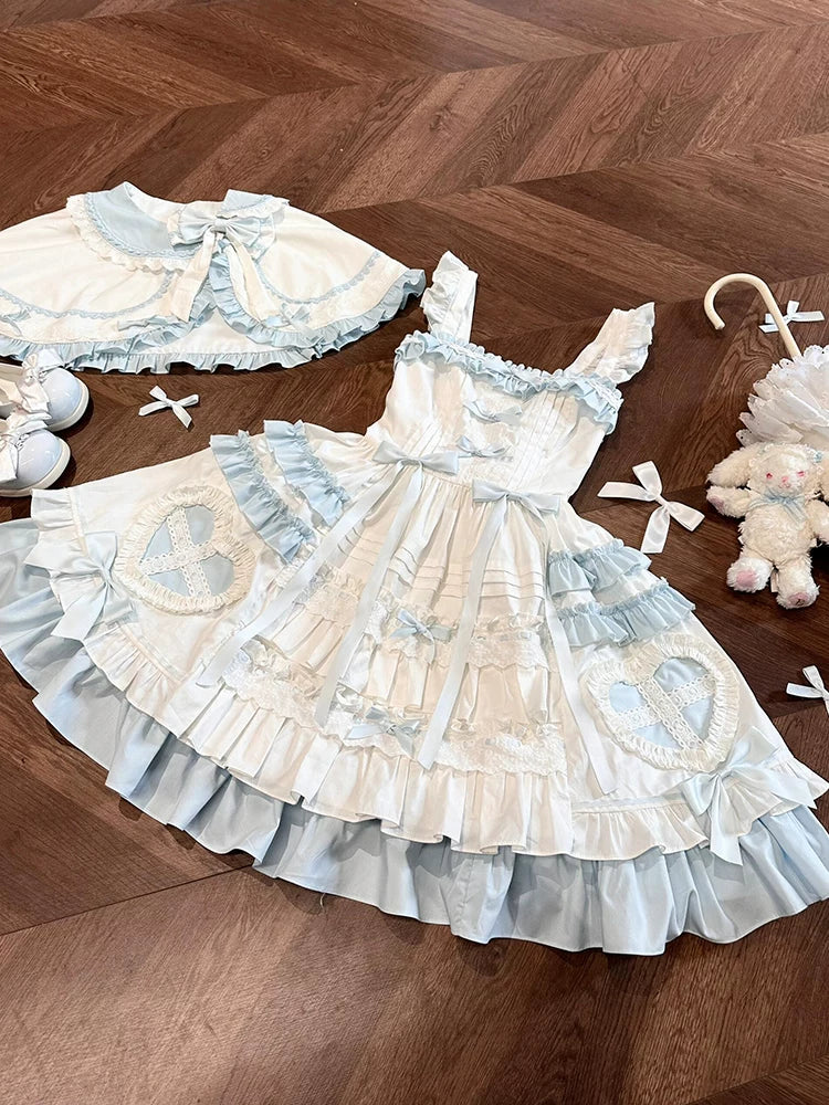 Blue-and-white Window Doll JSK set with cape, neckline bow and layered skirt