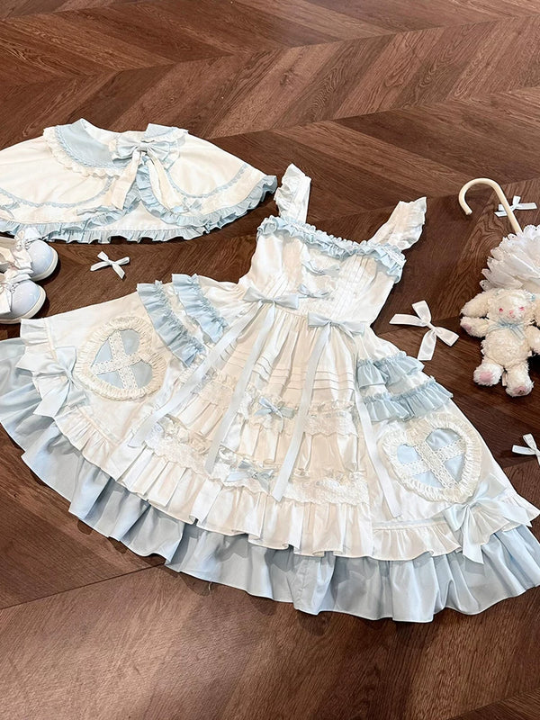 Blue-and-white Window Doll JSK set with cape, neckline bow and layered skirt