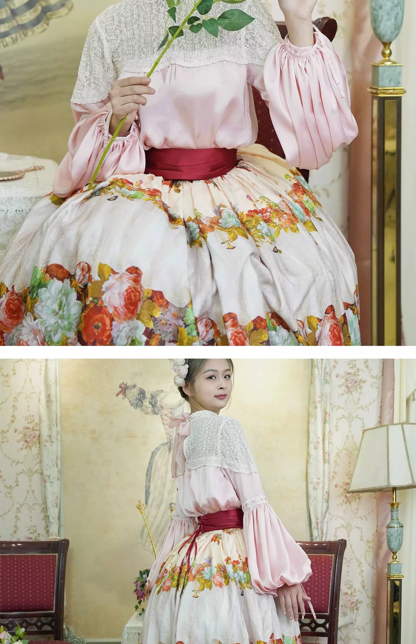 LACE GARDEN - Rainy Season Garden - Blouse and Full Skirt Set with Lace Yoke