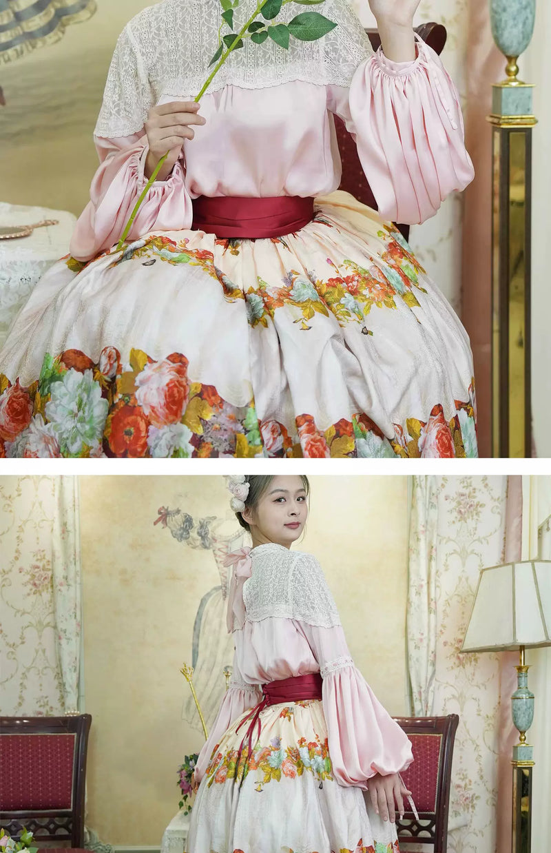 LACE GARDEN - Rainy Season Garden - Blouse and Full Skirt Set with Lace Yoke