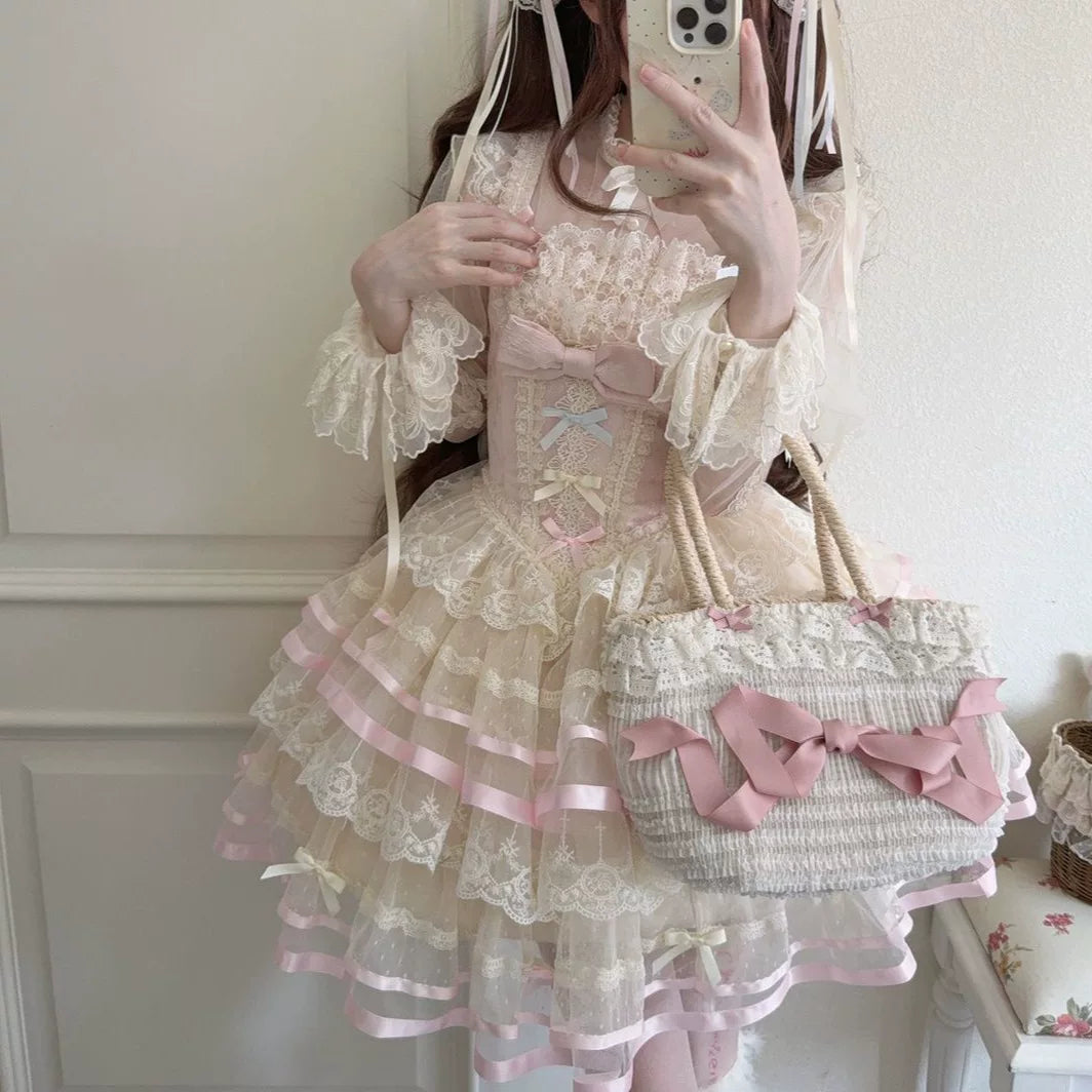 Lady Han Butterfly Ballet JSK dress by Lolita Fetch featuring a floral print, lace details, and a fitted bodice with shoulder straps.