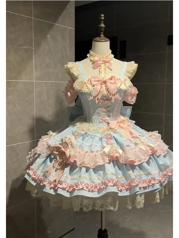 Blue and pink ruffled JSK dress displayed on a mannequin.