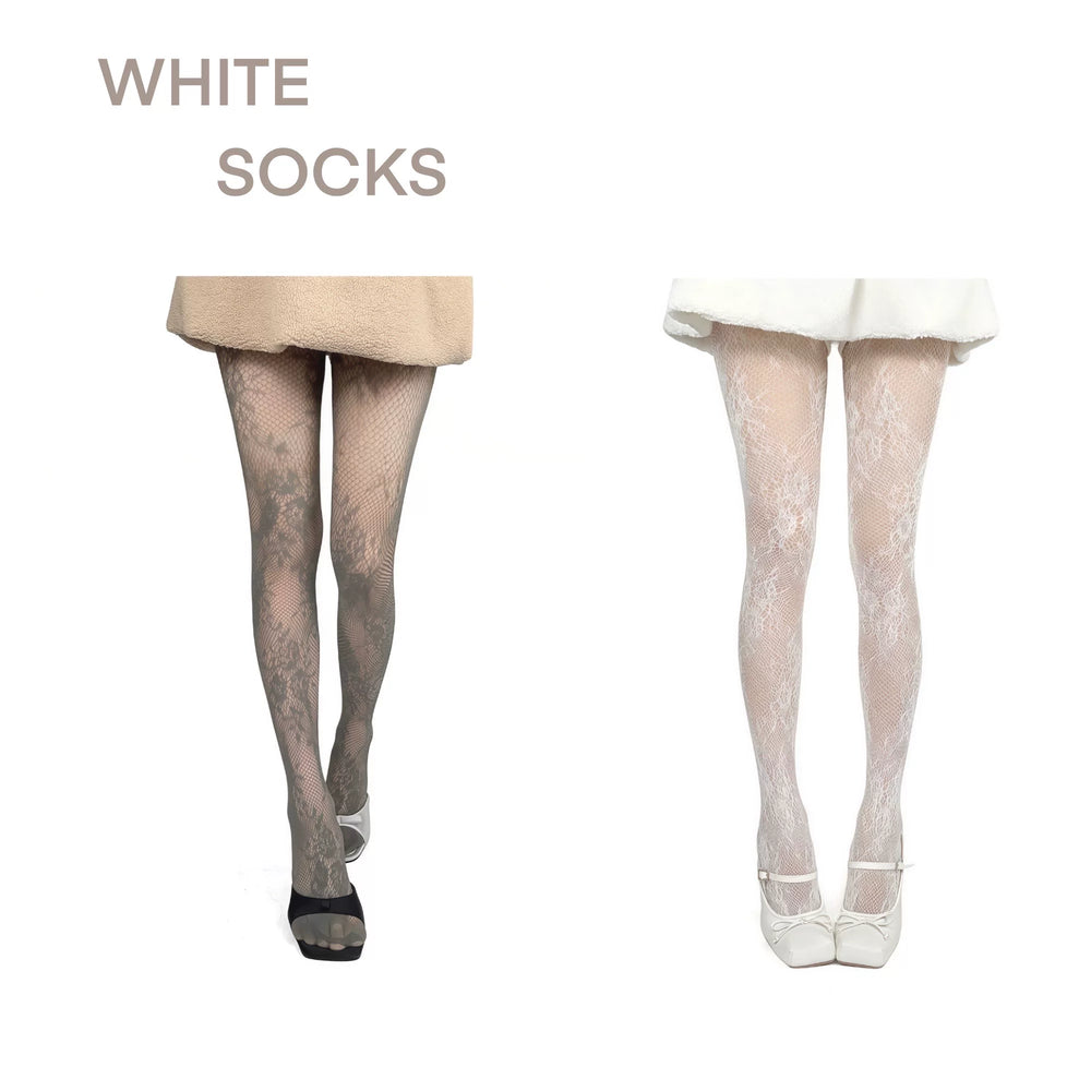 White and brown openwork floral pantyhose styled with heels