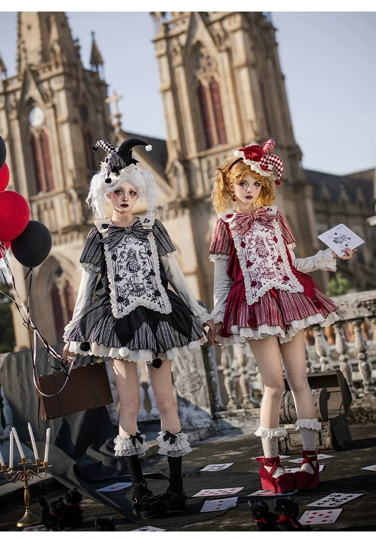 With PUJI - Puppet Mask - Clown Inspired Gothic Lolita OP Dress, Loose Fit
