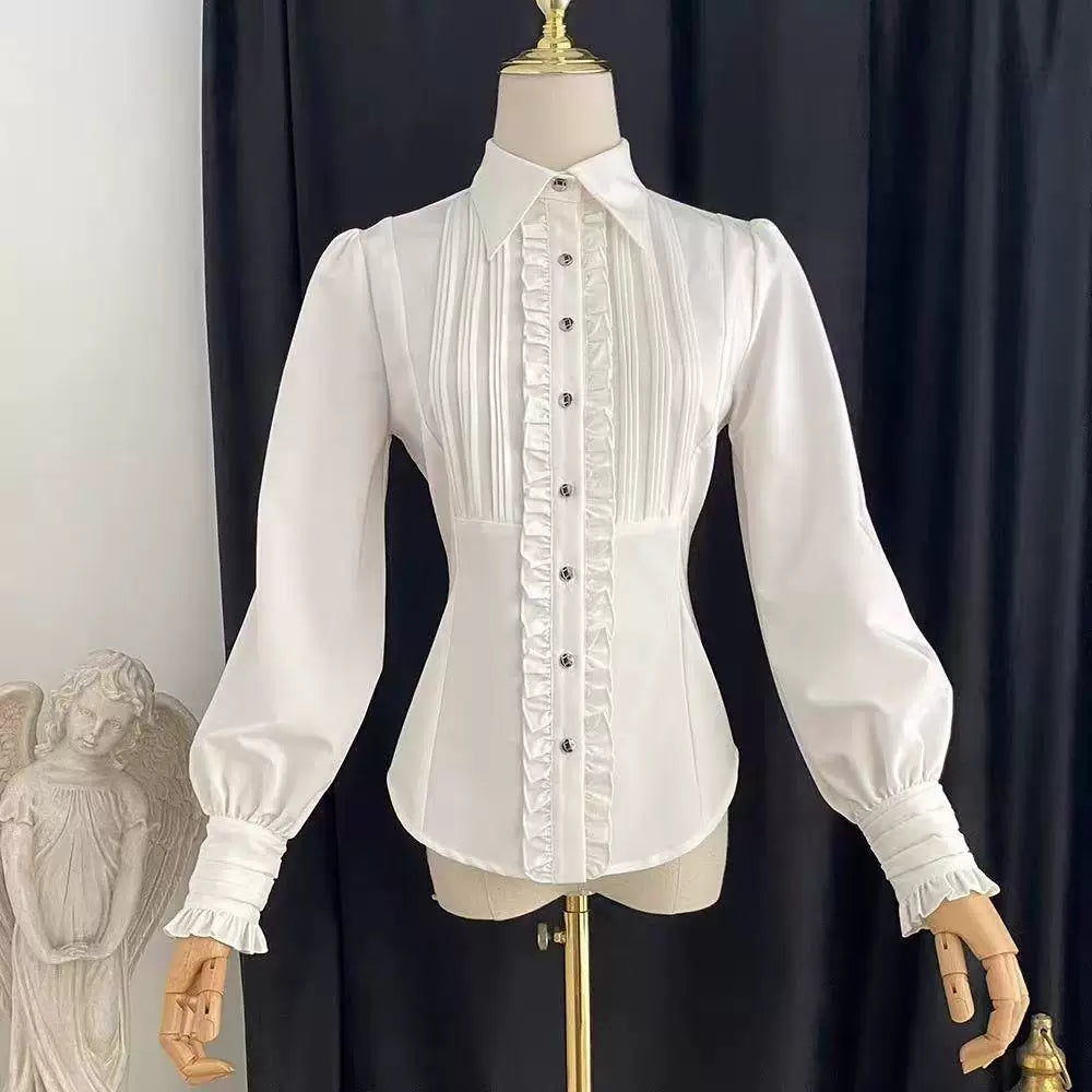 Sweetheart Dream Machine - Ruffle Pintuck - Long-Sleeve Blouse with Pintuck Pleats and Ruffle Trim
