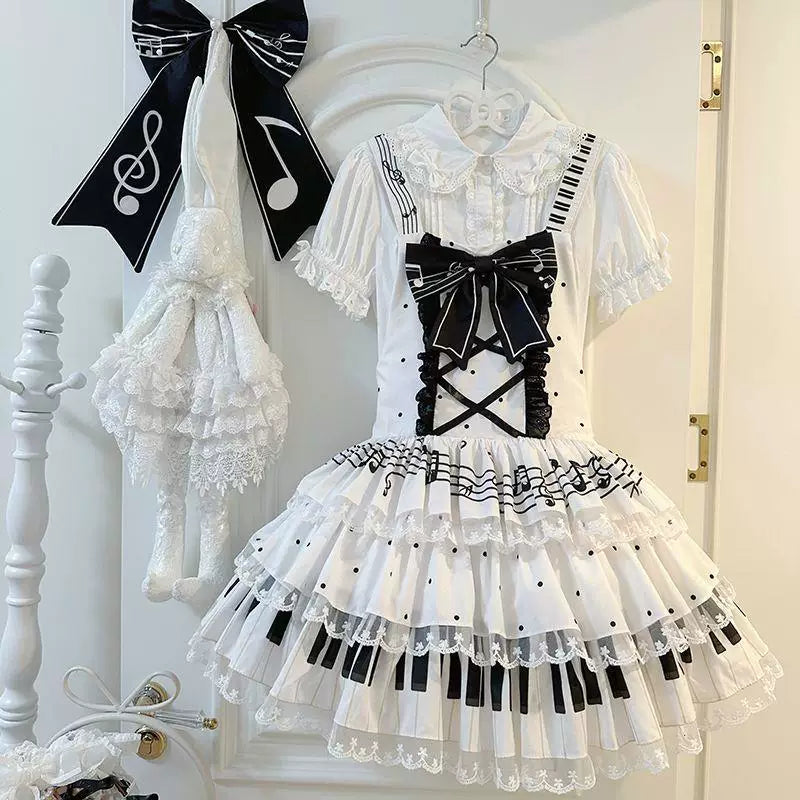 Sweetheart Dream Machine - Vintage Music - Black-and-White JSK Dress with Piano-Key Bands