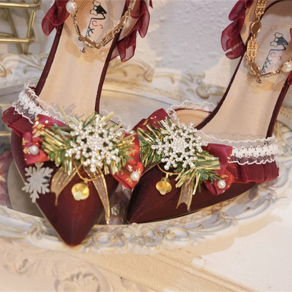 Qimeng Christmas Ballet Pointed-Toe Lolita Shoes — Custom Heel Modification - Requires Compatible Shoe Base