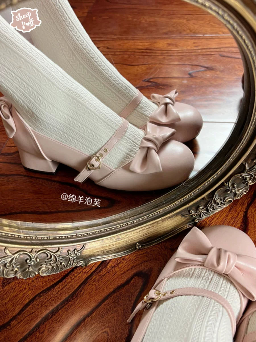 Sheep Puff So Elegant Lolita Heels in pastel pink with a fluffy sheep puff detail and a comfortable block heel for stylish wear.