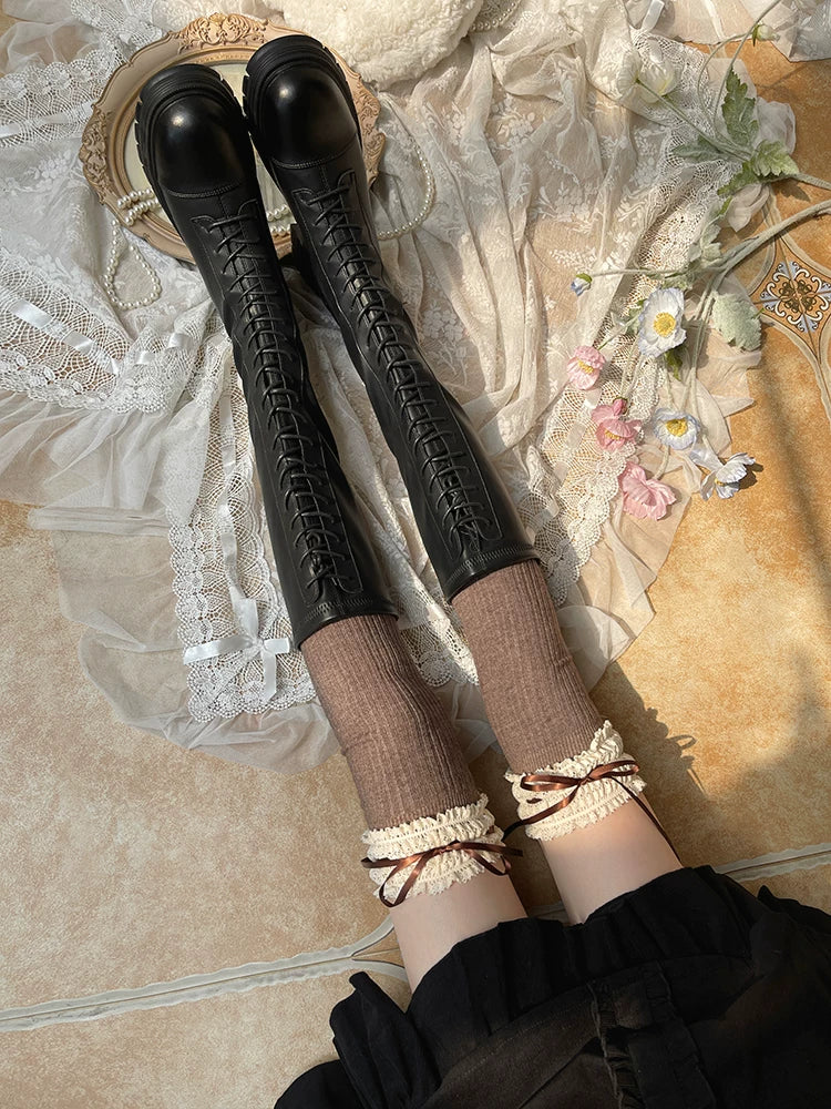 Sock Noble - Winter Lace Bow - Thigh-high socks with wide lace trim and ribbon ties