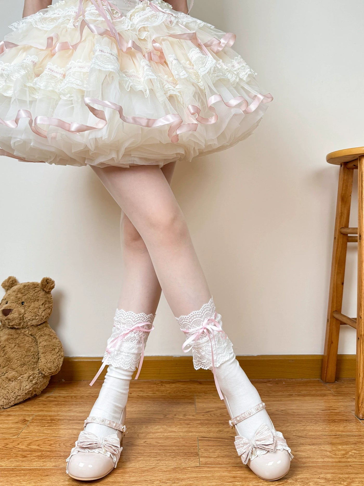 Chubby Bear Tales - Cream Ballet - Socks with lace cuffs and ribbon ties in three lengths