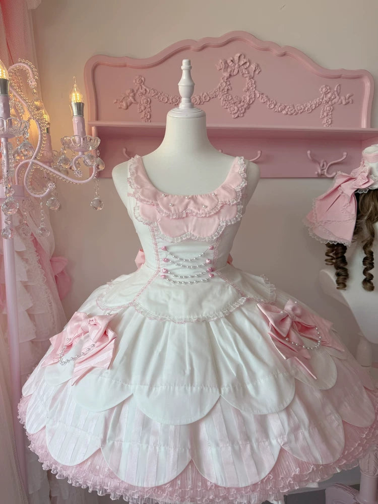 Tata Long Ear - Pearl Princess - White-and-Pink JSK Dress with Pearl Details and Scalloped Layers