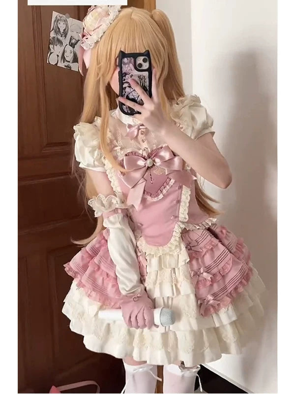 Creamy - Pink Sweet - Lolita Bustier Blouse-and-Skirt Set with Bow Detail