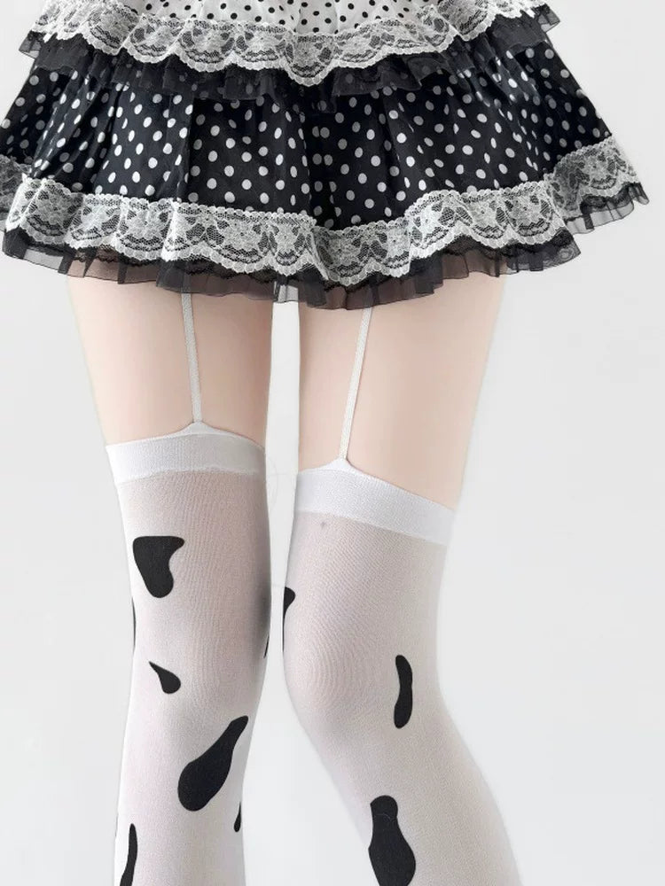 Fantasy Doll white suspender over-the-knee stockings with black cow spots