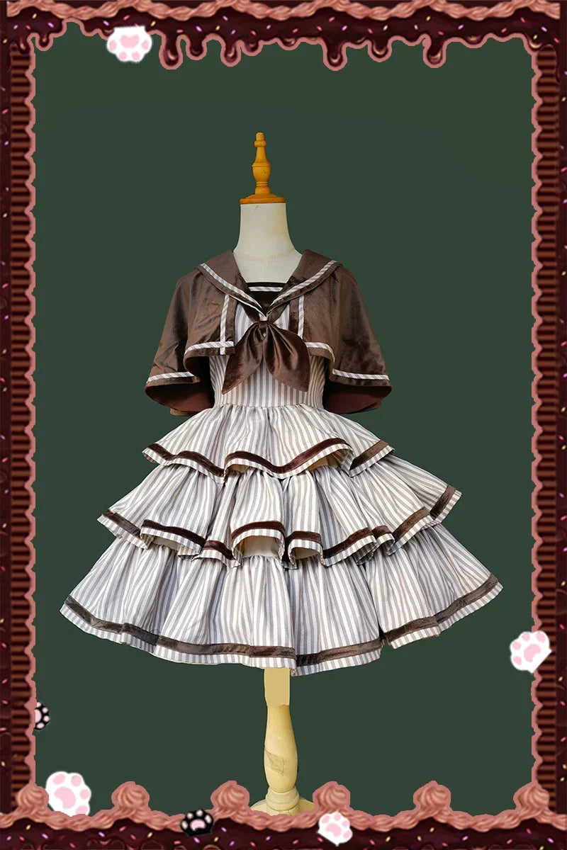 From Afar - Vintage Striped Peppy-Style Lolita JSK & Cape Brown Cape Only (one size/M) S