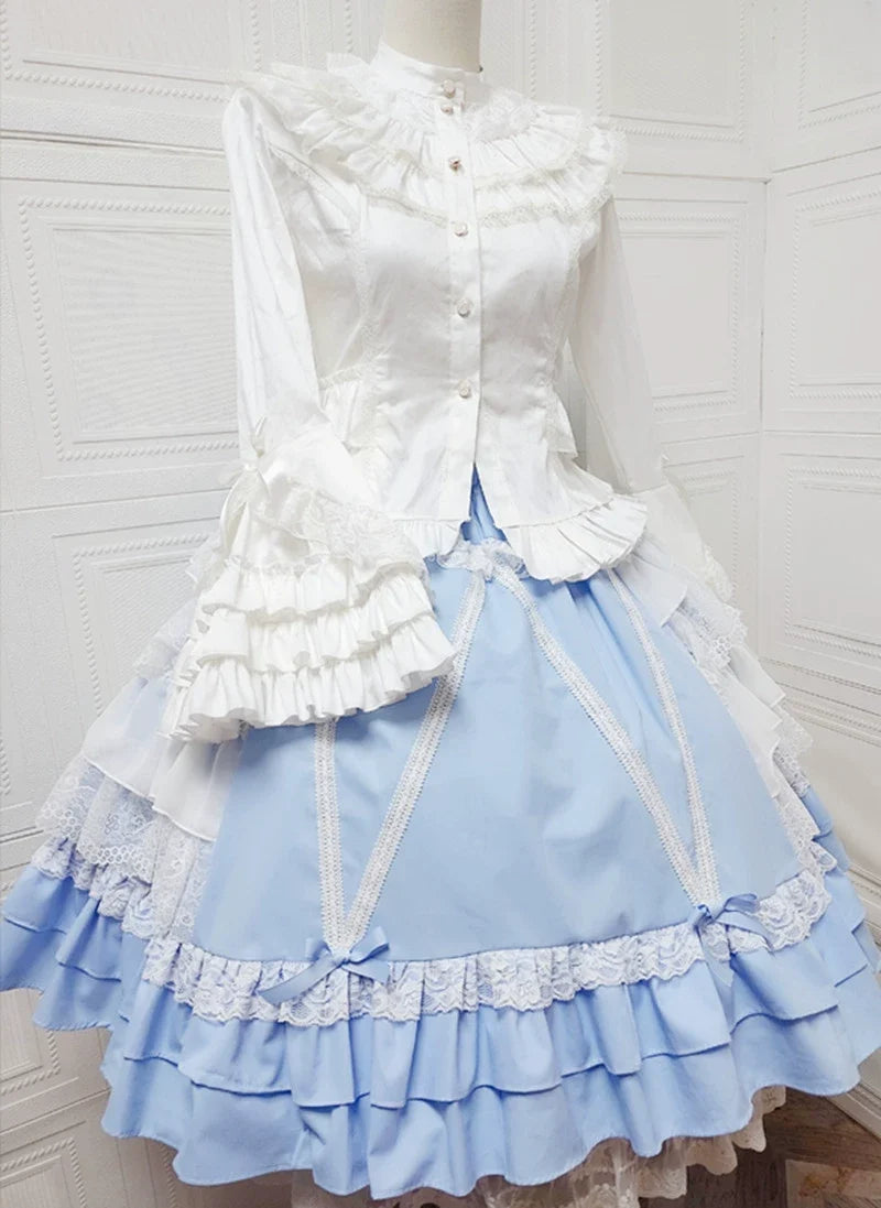 Japanese Old School Lolita Skirt, Polka Dots & Lace Light blue One Size