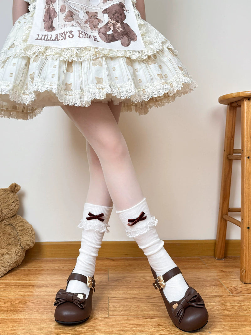 Chubby Bear Tales - Bow Slouch - Thin Slouch Socks with Lace-Trimmed Bow Cuffs