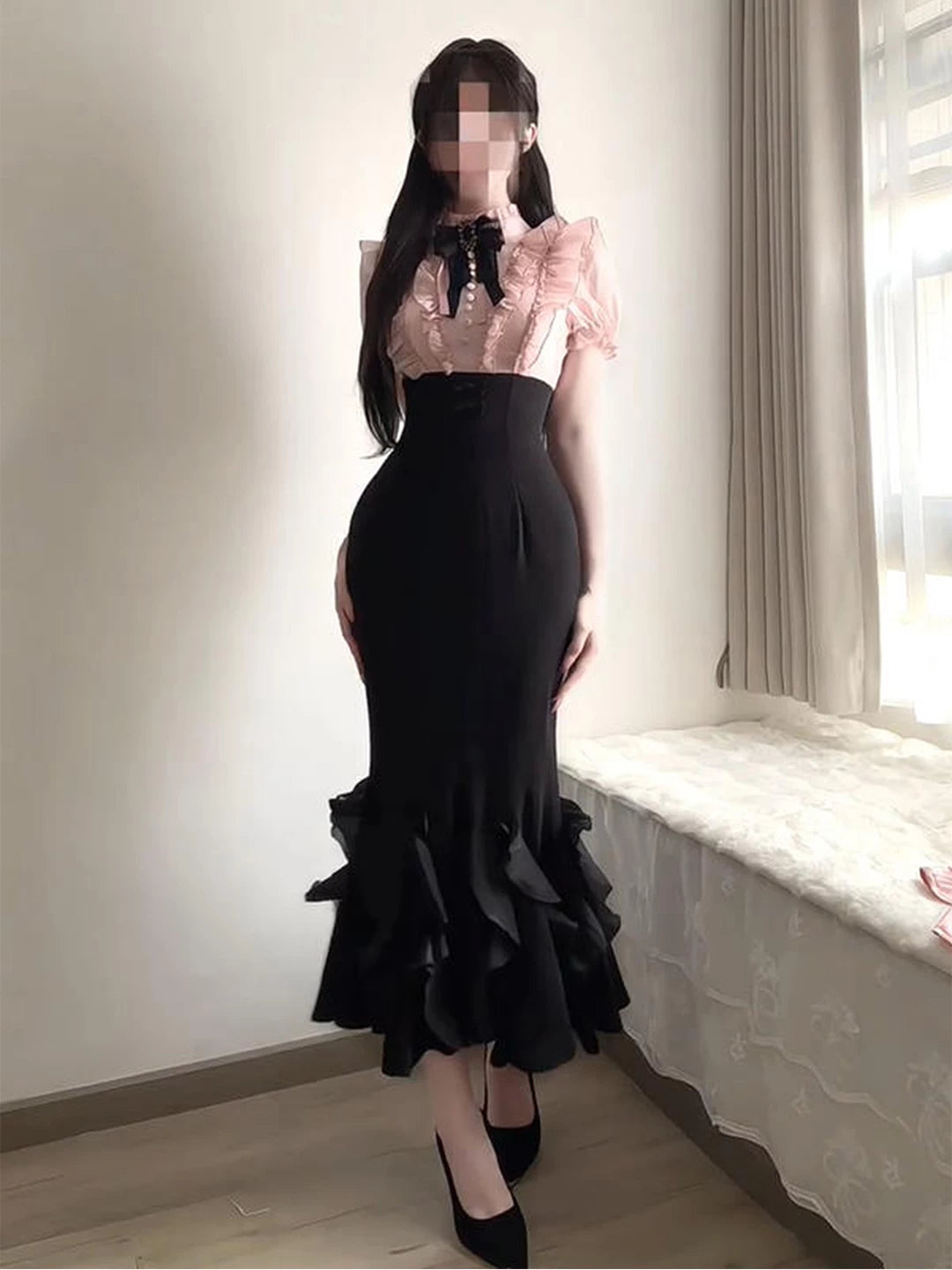 Creamy - Black-Pink Mermaid Lace - Black-Pink OP Dress with a Mermaid Hem