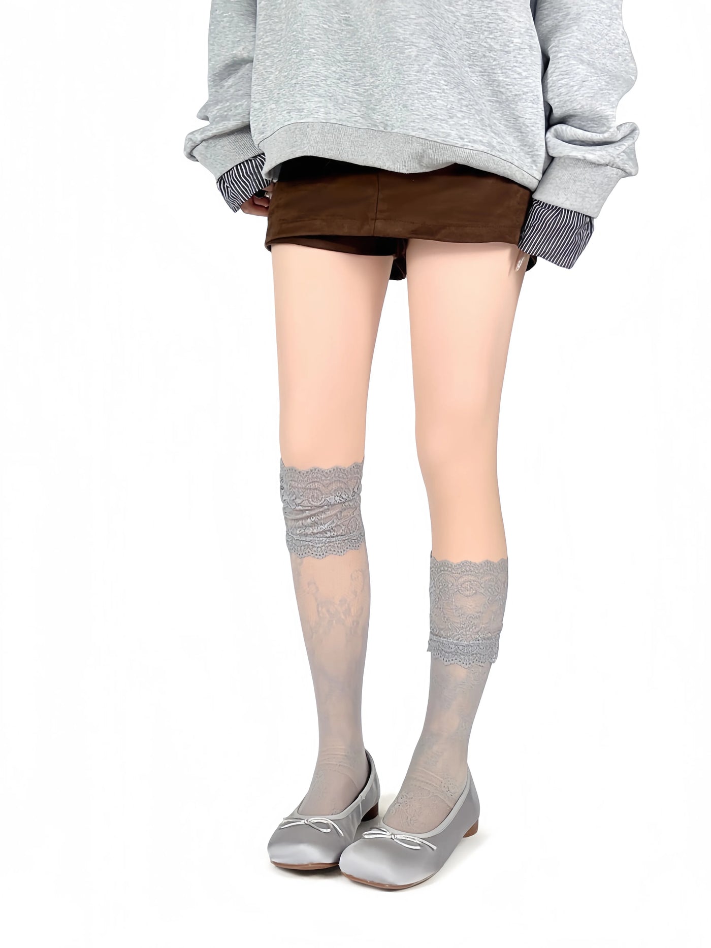 White Socks - French Ballet - Calf socks with lace panels and lightly sheer mesh