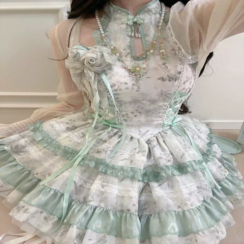 Sweetheart Dream Machine - Peach Moon Bamboo - Chinese-Inspired Halter Dress with Layered Ruffles