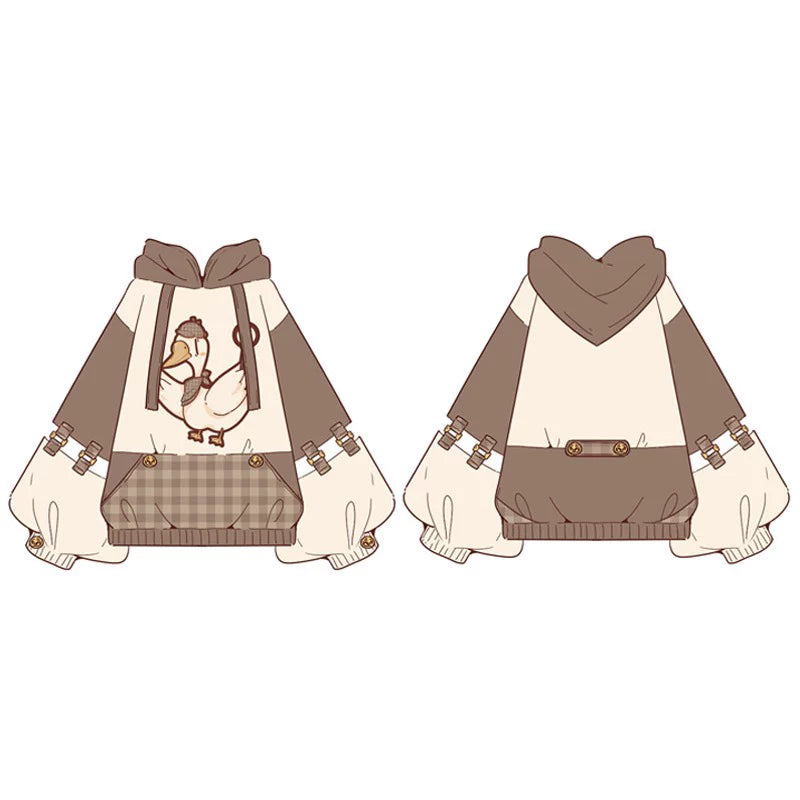 Detective Goose hooded sweatshirt in cream and brown with a duck graphic and checked front pocket.