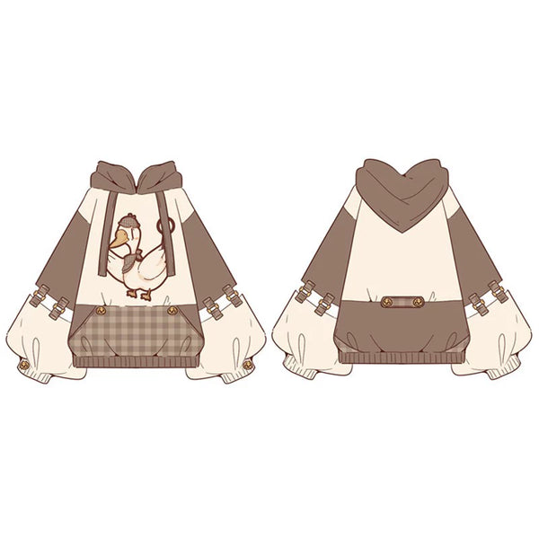 Detective Goose hooded sweatshirt in cream and brown with a duck graphic and checked front pocket.