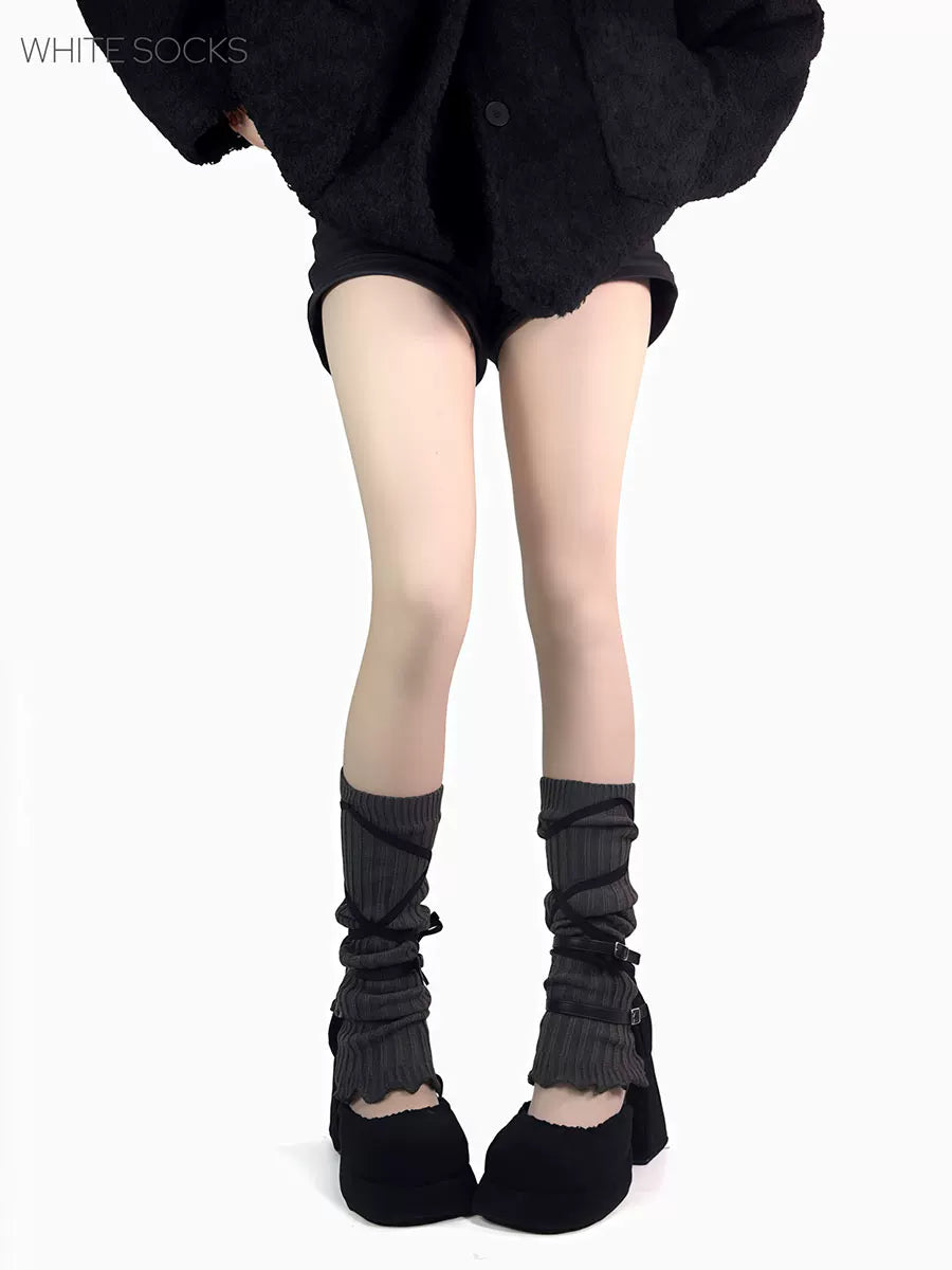 White Socks - Ballet Strap - Ribbed Leg Warmers with Wraparound Strap Details