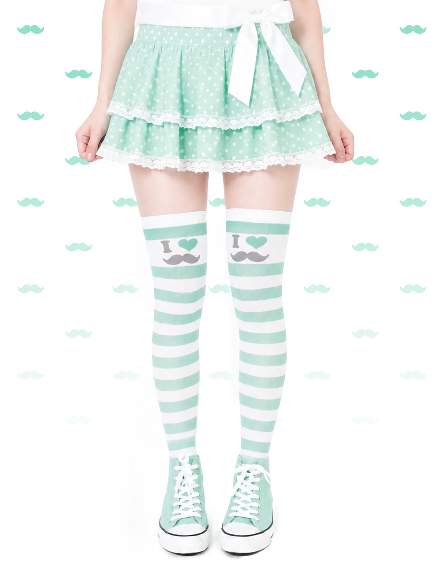 Electric Eye Beauty mint stripe moustache over-the-knee socks - view 4