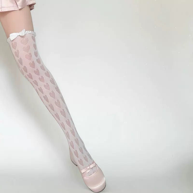 Fantasy Doll - Heart Thigh-High Socks - Ruffled Bow Cuff