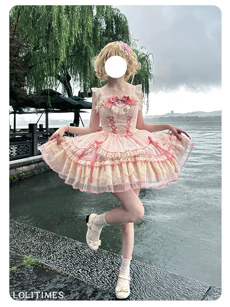 Zhijinyuan Candy House Lace JSK — Pink JSK styled view