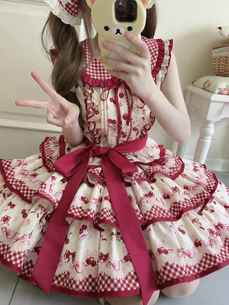 Dream Bunny - The Cherries Are Ripe - Cherry-Print Lolita Fashion Set with Gingham Ruffles
