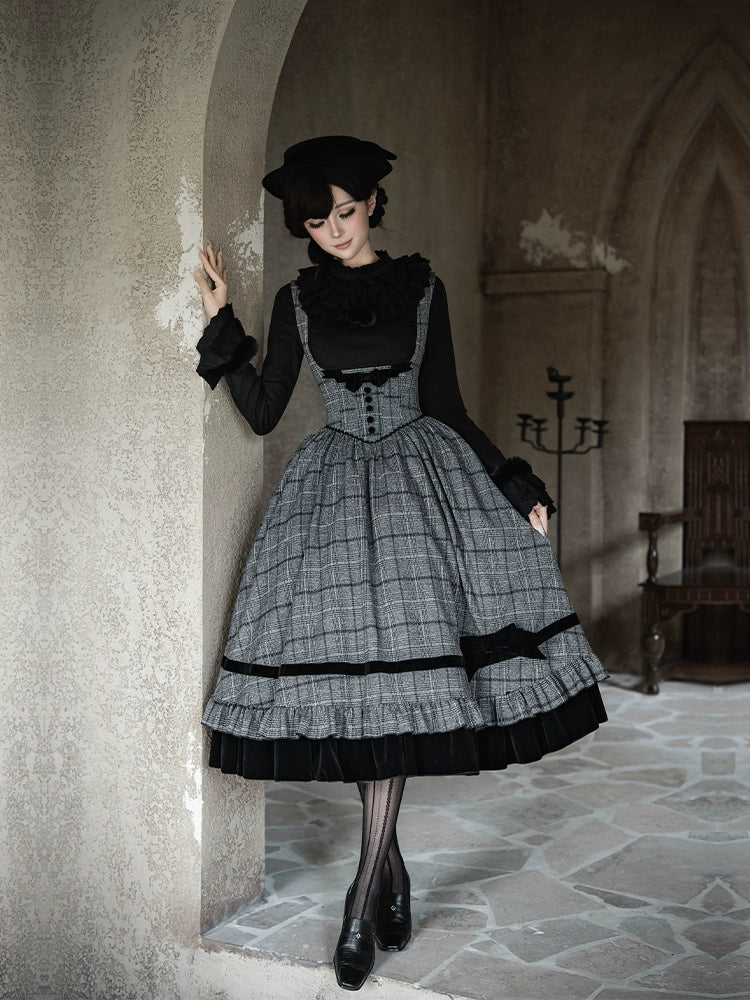 With PUJI - Yesterday's Epistle - Winter Classic Lolita Plaid Dress Set, Fishbone Waist