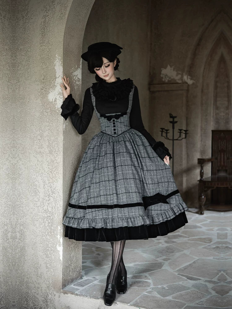 With PUJI - Yesterday's Epistle - Winter Classic Lolita Plaid Dress Set, Fishbone Waist detail view 4