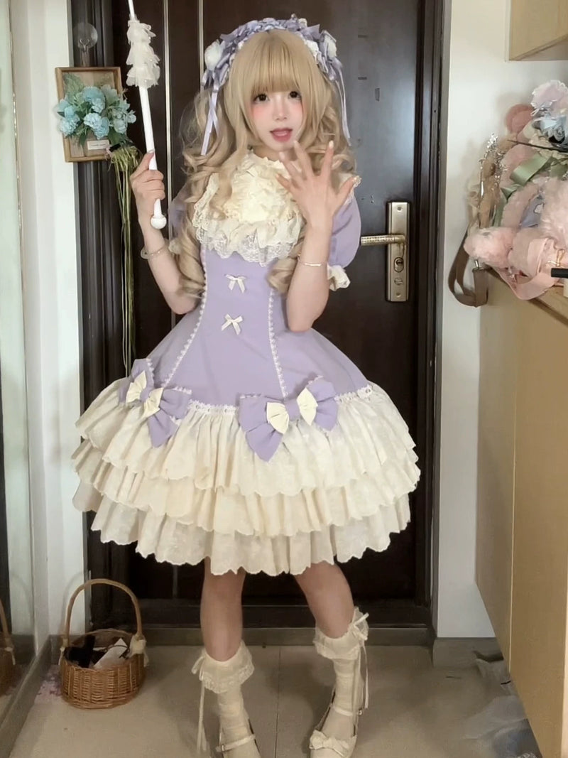 Blue Sweetheart Cream Cream Tart sweet lolita tiered cake dress with lace trim and puffed sleeves